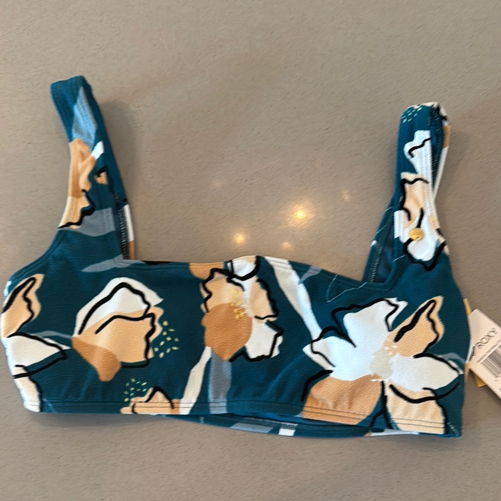 ROXY Floral Teal and White Bikini Top